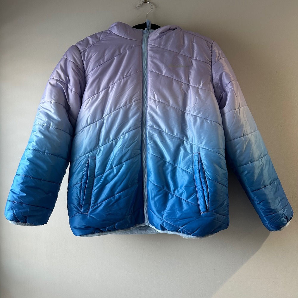 Eddie Bauer Reversible Puffer Jacket Kids 14/16 Blue Purple Ombre Faux Fur Hood